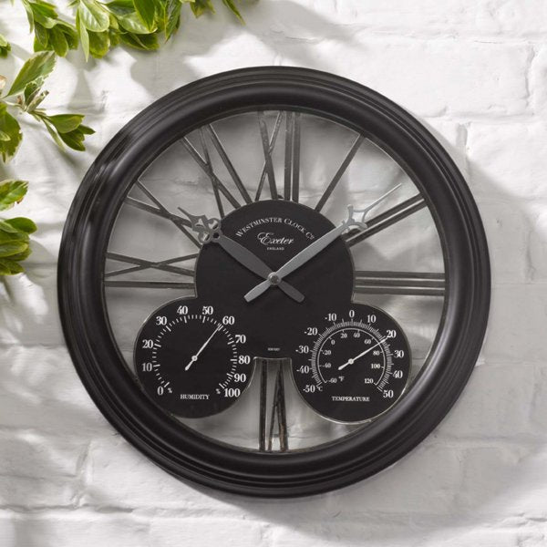 Exeter Wall Clock & Thermometer 15in - Black - SOLAR / GARDEN ORNAMENTS - Beattys of Loughrea