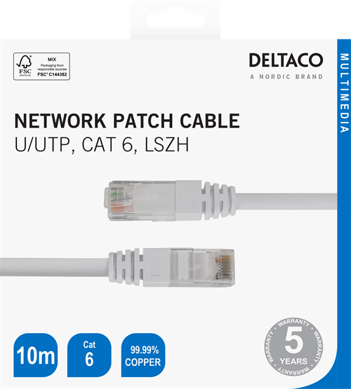 Deltaco Cat6 Network Patch Cable 10m White - LEADS - Beattys of Loughrea