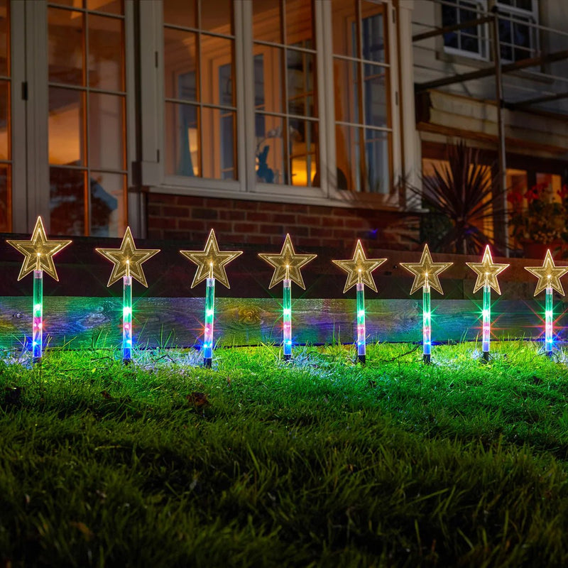 Star Decor Set of 8 Multi-Coloured Stake Lights Battery Operated - XMAS LIGHTED OUTDOOR DECOS - Beattys of Loughrea