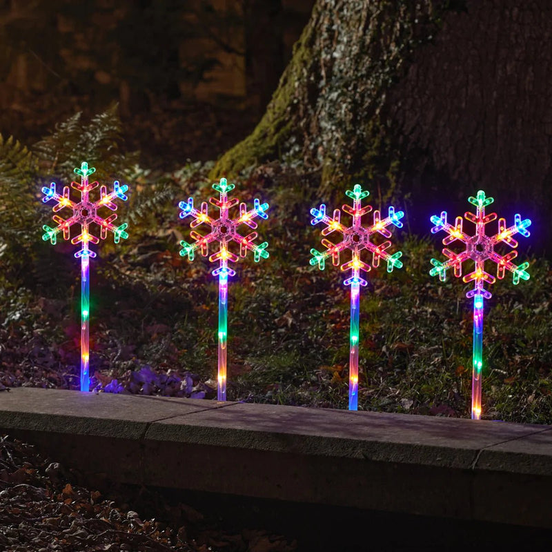 Snow Decor Set of 4 Large Multi Coloured Stake Lights Battery Operated - XMAS LIGHTED OUTDOOR DECOS - Beattys of Loughrea