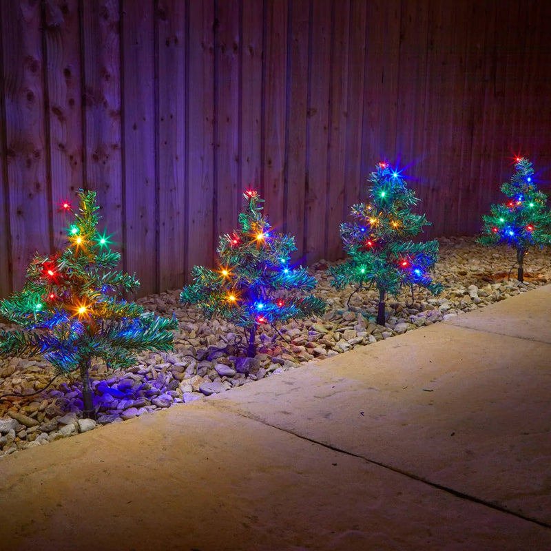 Set of 4 Fir Tree Multi Coloured LED Stake Lights - XMAS LIGHTED OUTDOOR DECOS - Beattys of Loughrea