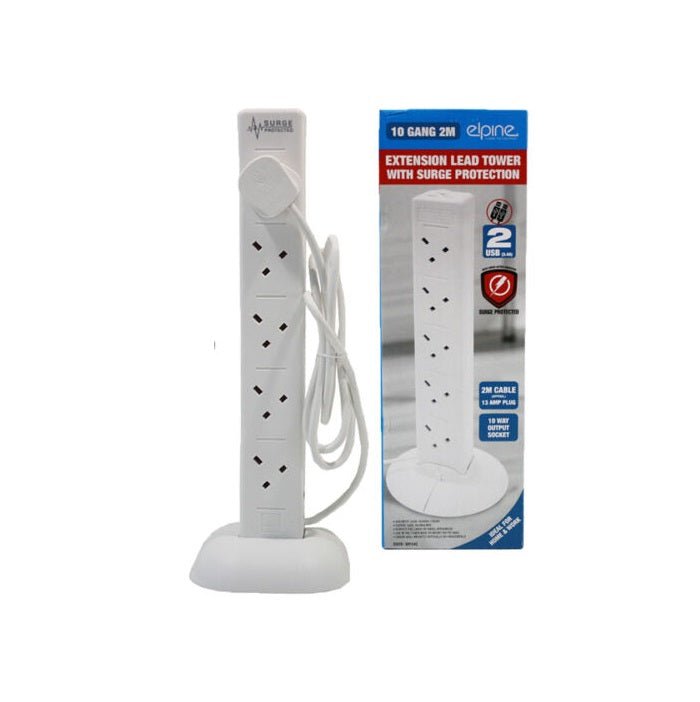 Elpine 10 Way Gang Extension Lead Tower 2m Surge Protected - EXTENSION LEADS/SOCKETS - Beattys of Loughrea