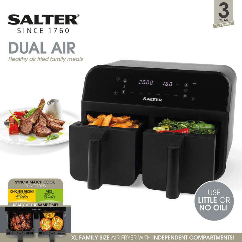 Salter 7.4L Dual Air Fryer BLACK EK4750BLK - DEEP FAT FRYERS/ AIR FRYER - Beattys of Loughrea