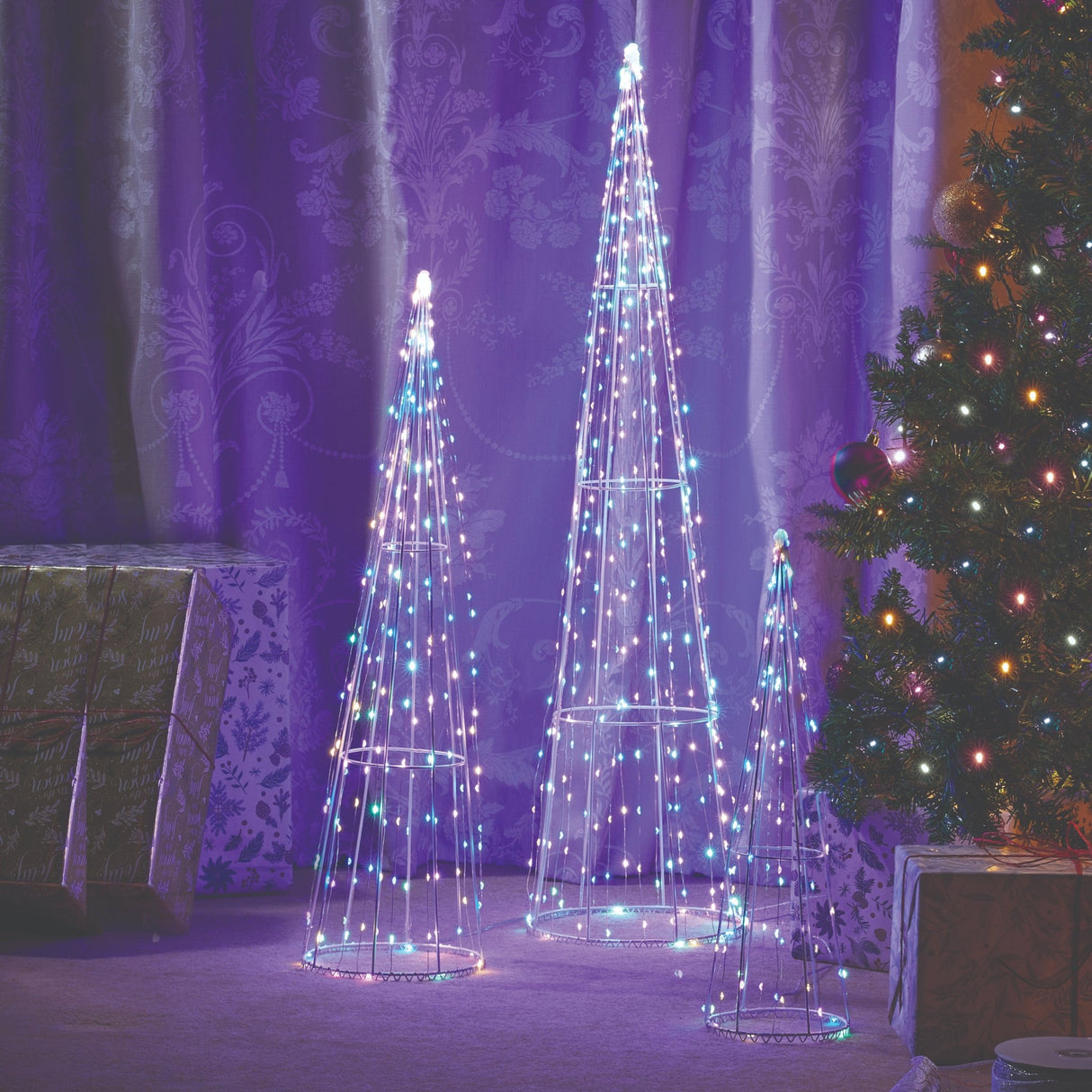 640 LED TreeCone Trio - Multi Coloured - XMAS ROOM DECORATION LARGE AND LIGHT UP - Beattys of Loughrea