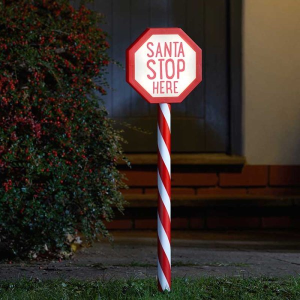Santa Stop Here! LED Stake Light 55cm - XMAS LIGHTED OUTDOOR DECOS - Beattys of Loughrea
