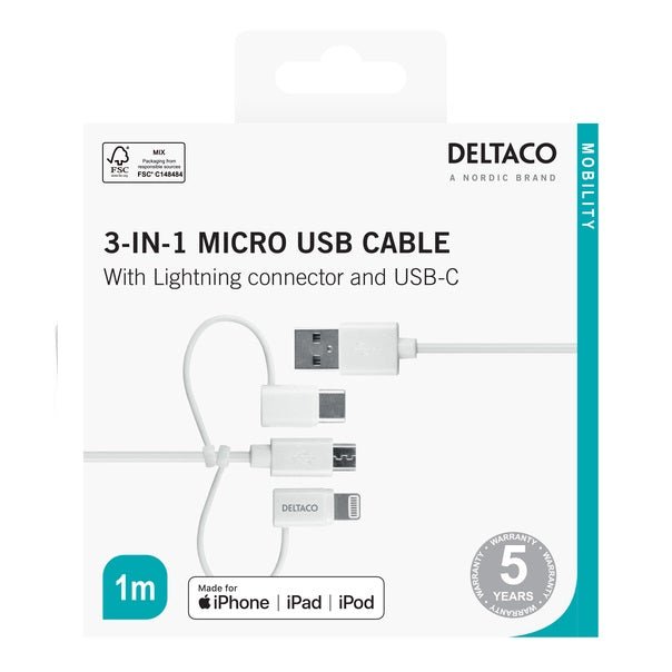 Deltaco USB-A to 3in1, Micro USB, USB-C, Lightning, 1m, white - LEADS - Beattys of Loughrea