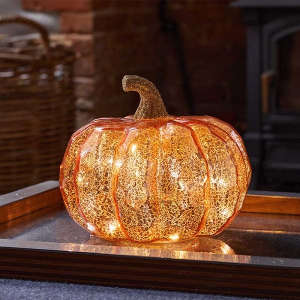 InLit Golden Pumpkin Glass with Auto Timer - SOLAR / GARDEN ORNAMENTS - Beattys of Loughrea