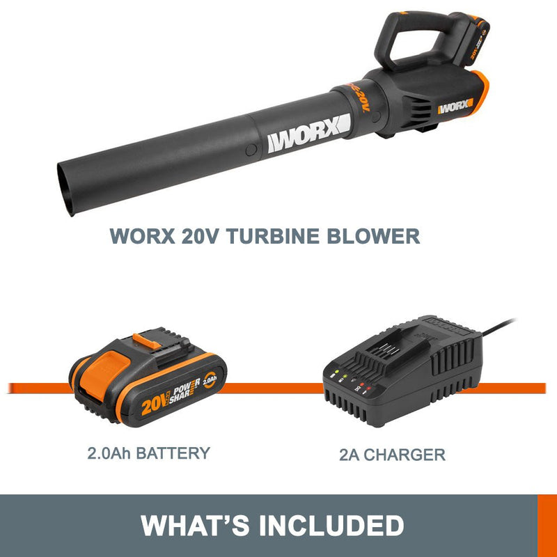 WORX 20V Turbine Blower Kit with 2Ah POWERSHARE Battery & Charger WG547E - Leaf Blowers - Beattys of Loughrea