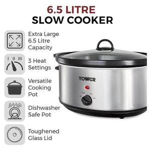 Tower 6.5 Litre Slow Cooker - Stainless Steel - DEEP FAT FRYERS/ AIR FRYER - Beattys of Loughrea