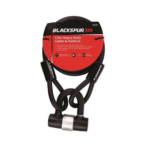 Blackspur 1.5m Heavy Duty Cable & Padlock - PADLOCKS - Beattys of Loughrea