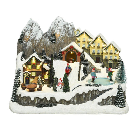 Lumineo LED Musical Winter Ski Lodge Scene 24cm - XMAS CERAMIC WOOD RESIN GLASS ORNAMENTS - Beattys of Loughrea