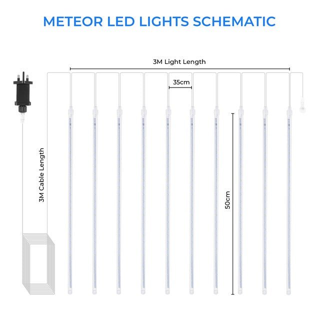10 Piece LED Meteor Shower String Lights Mains Operated - XMAS ROOM DECORATION LARGE AND LIGHT UP - Beattys of Loughrea