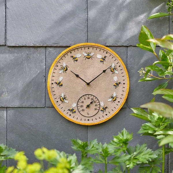 12in Beez Wall Clock and Thermometer - GARDEN ORNAMENTS INCL SOLAR - Beattys of Loughrea