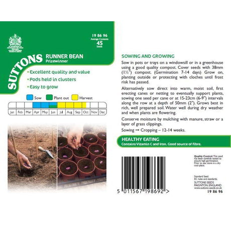 Suttons Runner Bean Prizewinner 198696 - SEED VEG & FLOWER - Beattys of Loughrea