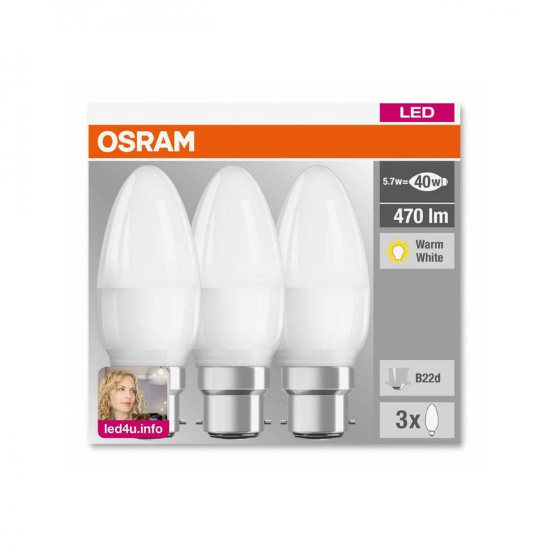 Osram LED Candle Light Bulb 5.7W (40W) (BC) - 3 Pack - LED BULBS - Beattys of Loughrea