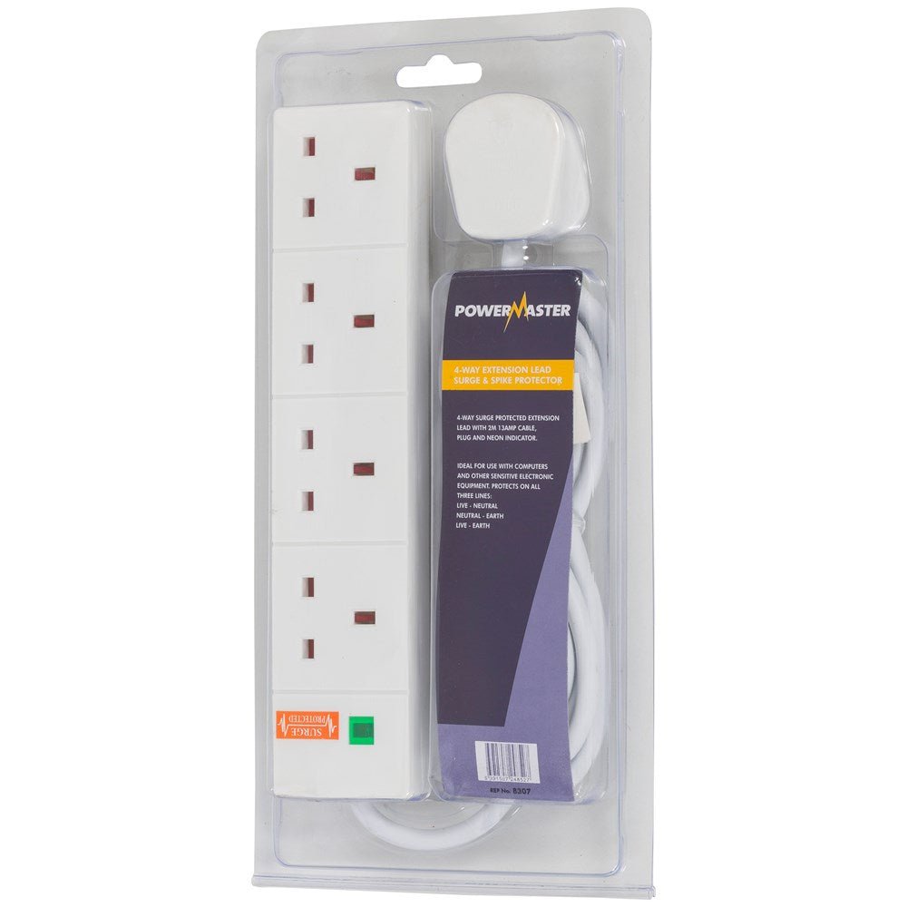 Powermaster 4 Gang Surge Protected Extension Lead - 2m - SURGE PROTECTOR - Beattys of Loughrea