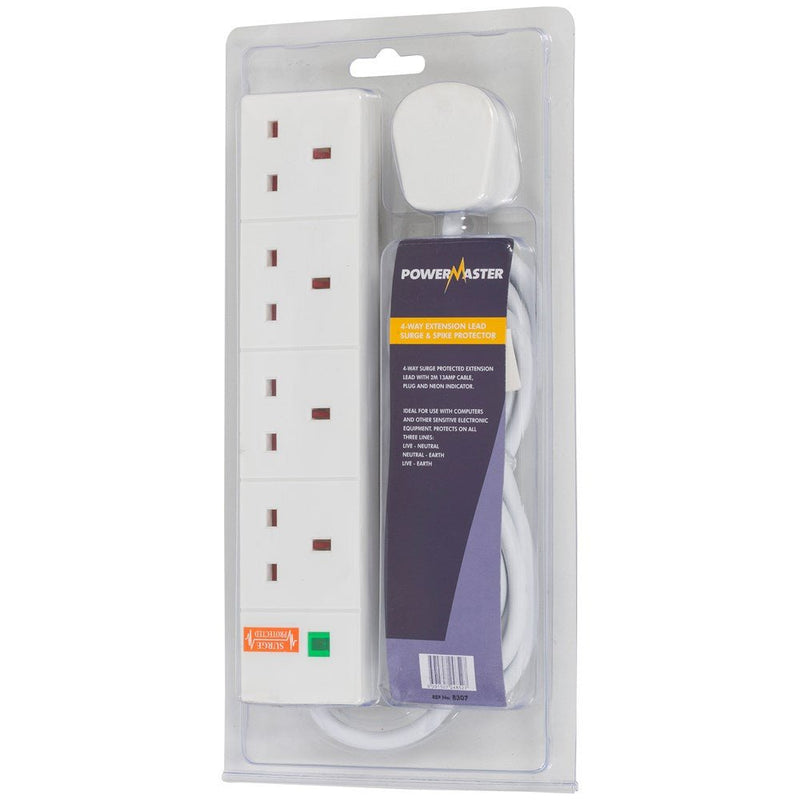 Powermaster 4 Gang Surge Protected Extension Lead - 2m - SURGE PROTECTOR - Beattys of Loughrea