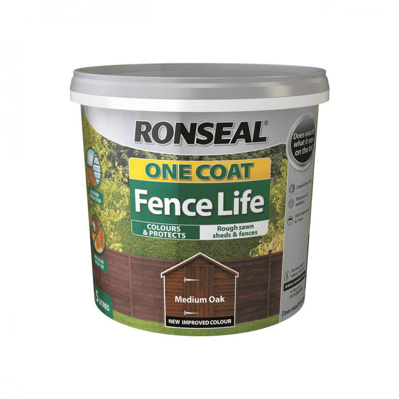 Ronseal One Coat Fencelife - 5 Litre Medium Oak - VARNISHES / WOODCARE - Beattys of Loughrea