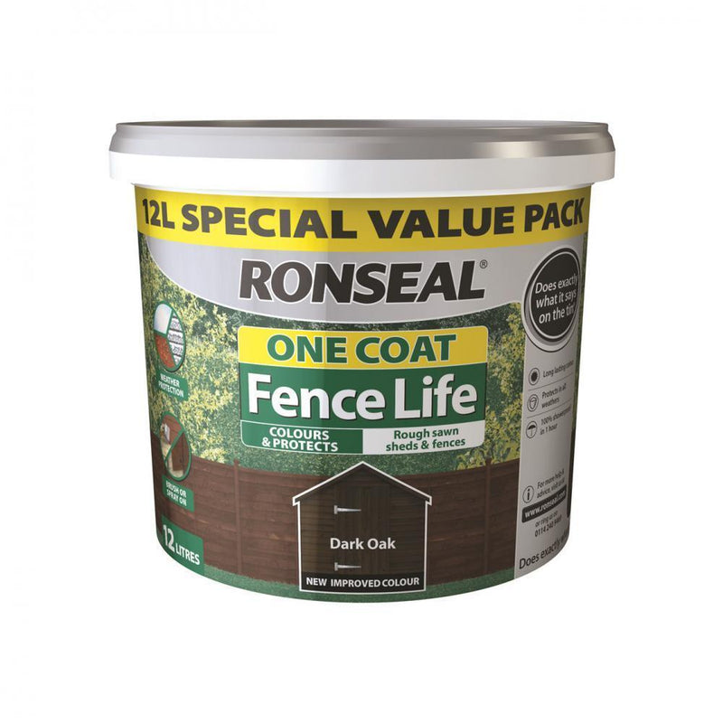 Ronseal One Coat Fence Life - 12 Litre Dark Oak - VARNISHES / WOODCARE - Beattys of Loughrea