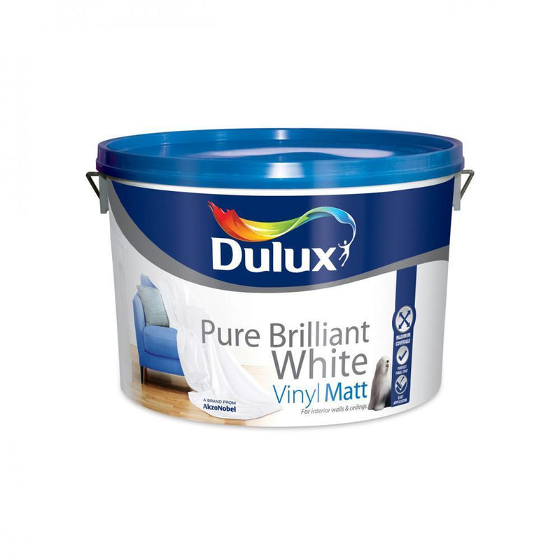 Dulux Vinyl Matt Pure Brilliant White Paint - 10 Litre - WHITES - Beattys of Loughrea