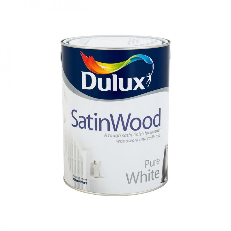 Dulux SatinWood Pure White Paint - 5 Litre - WHITES - Beattys of Loughrea