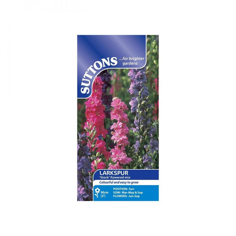 Suttons Larkspur Stock Flowered Mix Flower Seeds - SEED VEG & FLOWER - Beattys of Loughrea