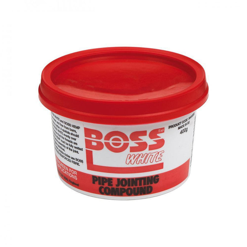 Boss White Pipe Jointing Compound - 400g - PTFE/HEMP/FOLIAC/SOLVENT - Beattys of Loughrea