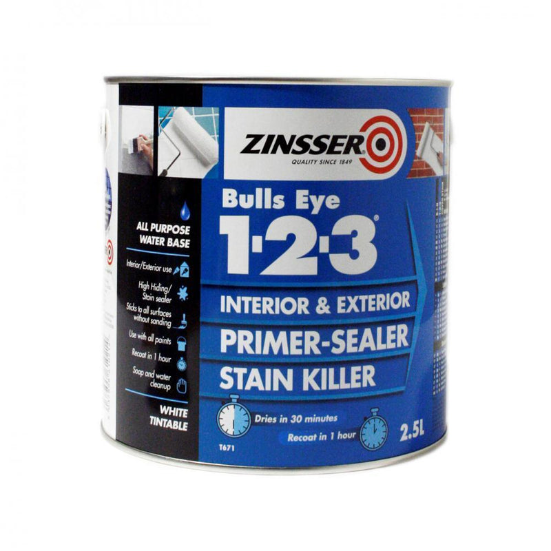 Zinsser Bulls Eye 1-2-3 Primer Sealer - 2.5 Litre - EXTERIOR & WEATHERSHIELD - Beattys of Loughrea