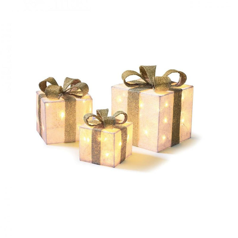 LED Set of 3 Lit Parcels - Cream and Gold - XMAS ROOM DECORATION LARGE AND LIGHT UP - Beattys of Loughrea