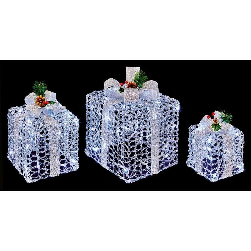 LED Acrylic Set of 3 Parcels with Silver Bow - XMAS ROOM DECORATION LARGE AND LIGHT UP - Beattys of Loughrea