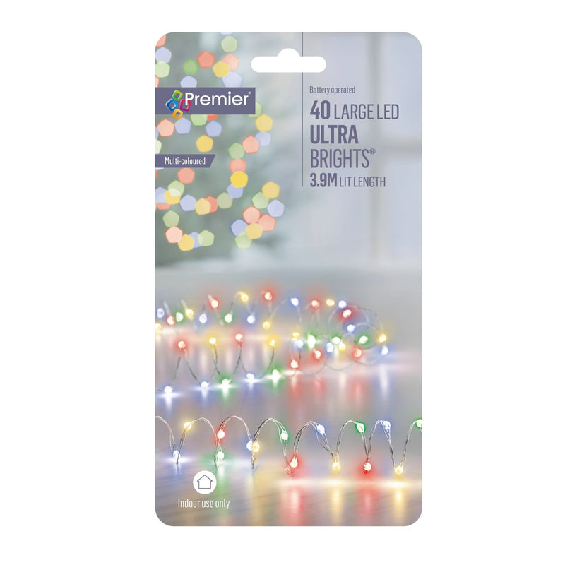Premier 40 Large LED Battery Operated Ultrabrights - Multi-Coloured - XMAS BATTERY OPERATED LIGHTS - Beattys of Loughrea