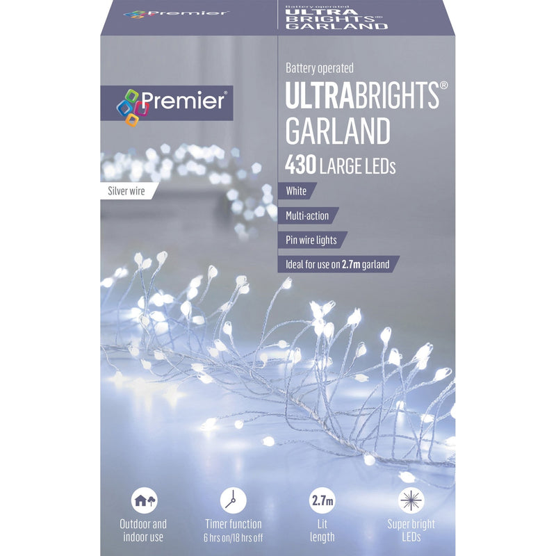 Premier 430 B/O LED Multi-Action Ultrabrights Garland - White - XMAS LIGHTS LED - Beattys of Loughrea