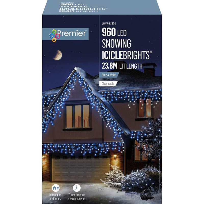 960 LED Multi-Action Snowing Iciclebrights - Blue White - XMAS LIGHTS LED - Beattys of Loughrea