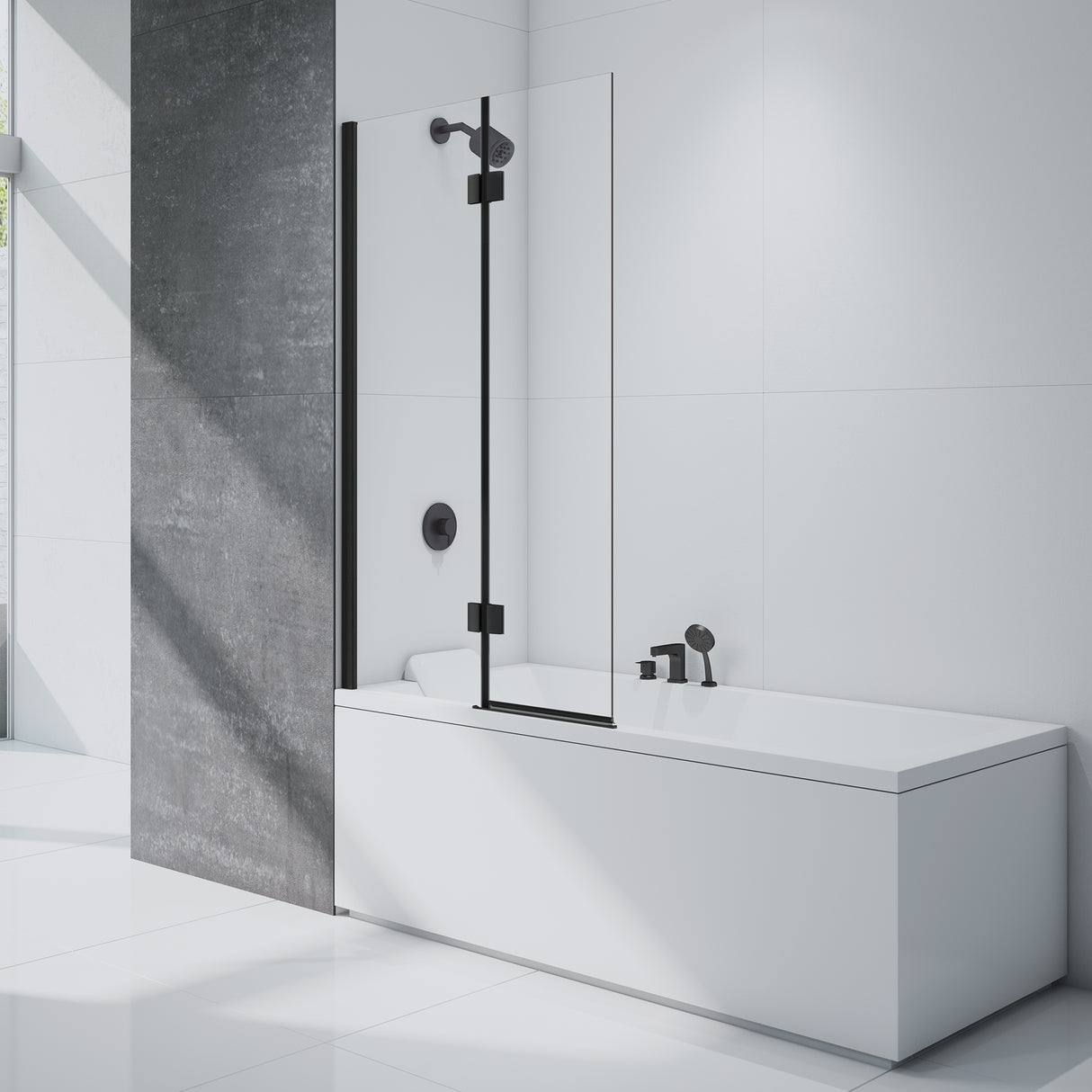 Merlyn Black Hinged 2 Panel Bath Screen (Left Hand) - SHOWER DOORS - Beattys of Loughrea