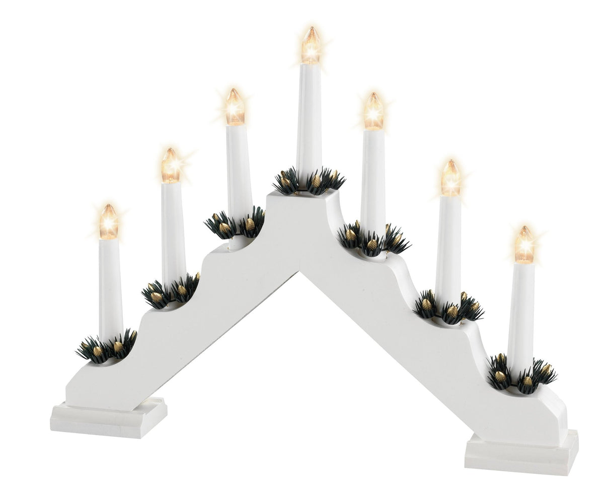 Lumineo Traditional 7 Light Wooden Candlebridge - White - XMAS CANDLE ARCHES LOGS - Beattys of Loughrea
