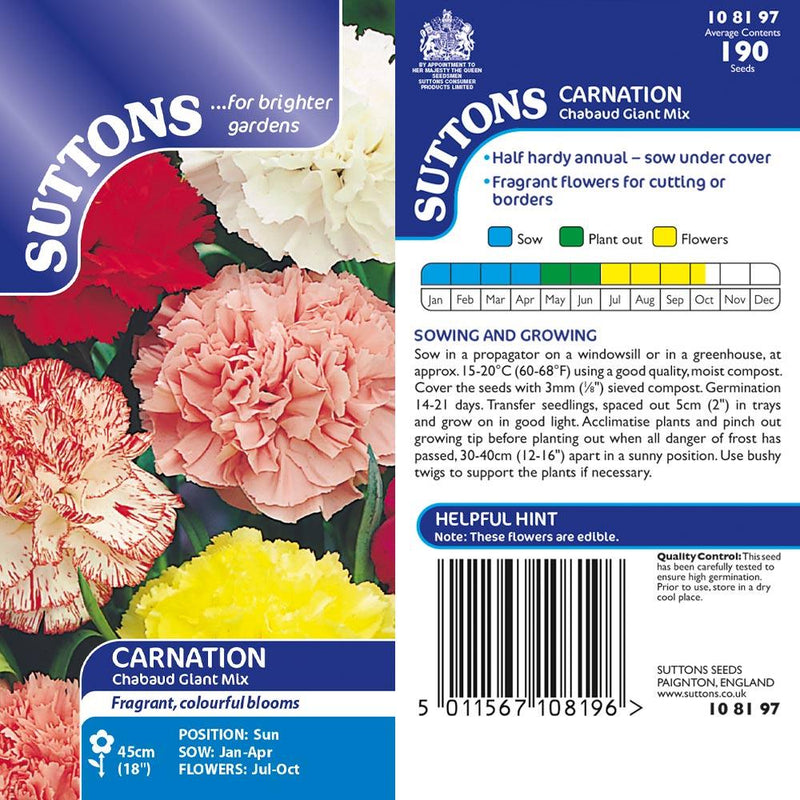 Suttons Carnation Chabaud Giant Mx 108197 - SEED VEG & FLOWER - Beattys of Loughrea