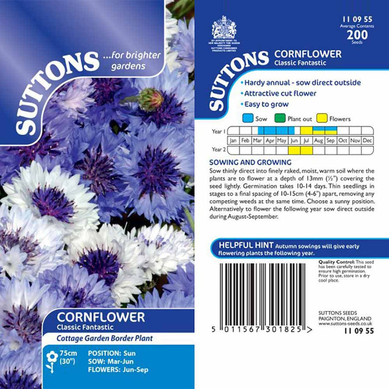 Suttons Cornflower Classic Fantastic - SEED VEG & FLOWER - Beattys of Loughrea