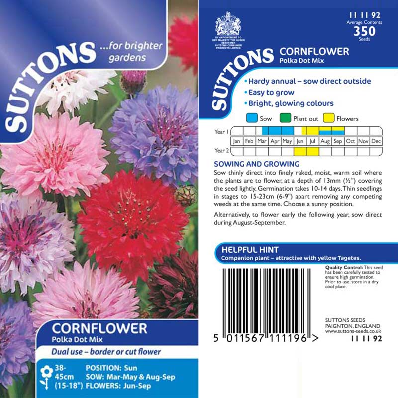 Suttons Cornflower Polka Dot Mixed 111192 - SEED VEG & FLOWER - Beattys of Loughrea