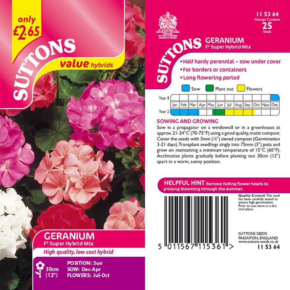 Suttons Geranium Super Hybrid Mix 503545 - SEED VEG & FLOWER - Beattys of Loughrea