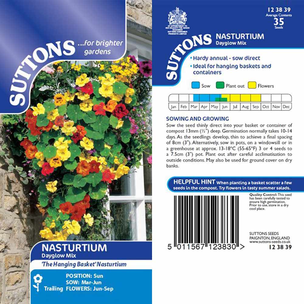 Suttons Nastursium Dayglow Mix Hanging Basket 123839 - SEED VEG & FLOWER - Beattys of Loughrea