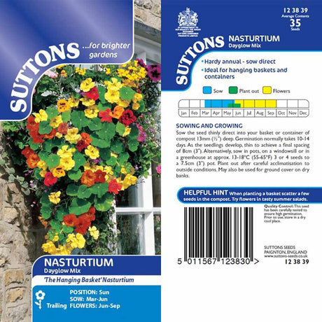 Suttons Nastursium Dayglow Mix Hanging Basket 123839 - SEED VEG & FLOWER - Beattys of Loughrea