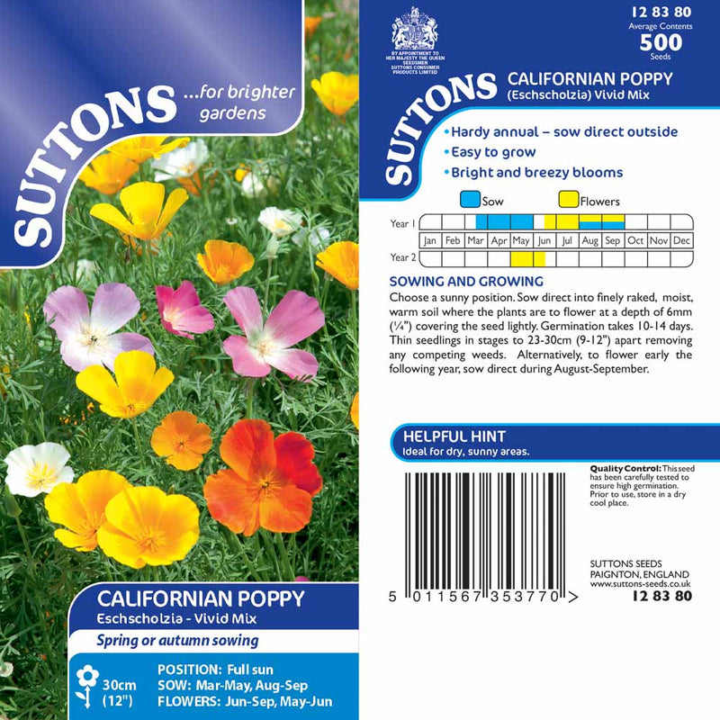 Suttons Californian Poppy Vivid Mix G128380 - SEED VEG & FLOWER - Beattys of Loughrea
