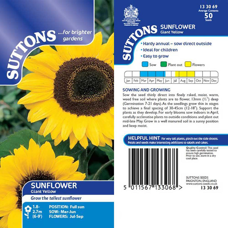 Suttons Sunflower Giant Yellow 133069 - SEED VEG & FLOWER - Beattys of Loughrea