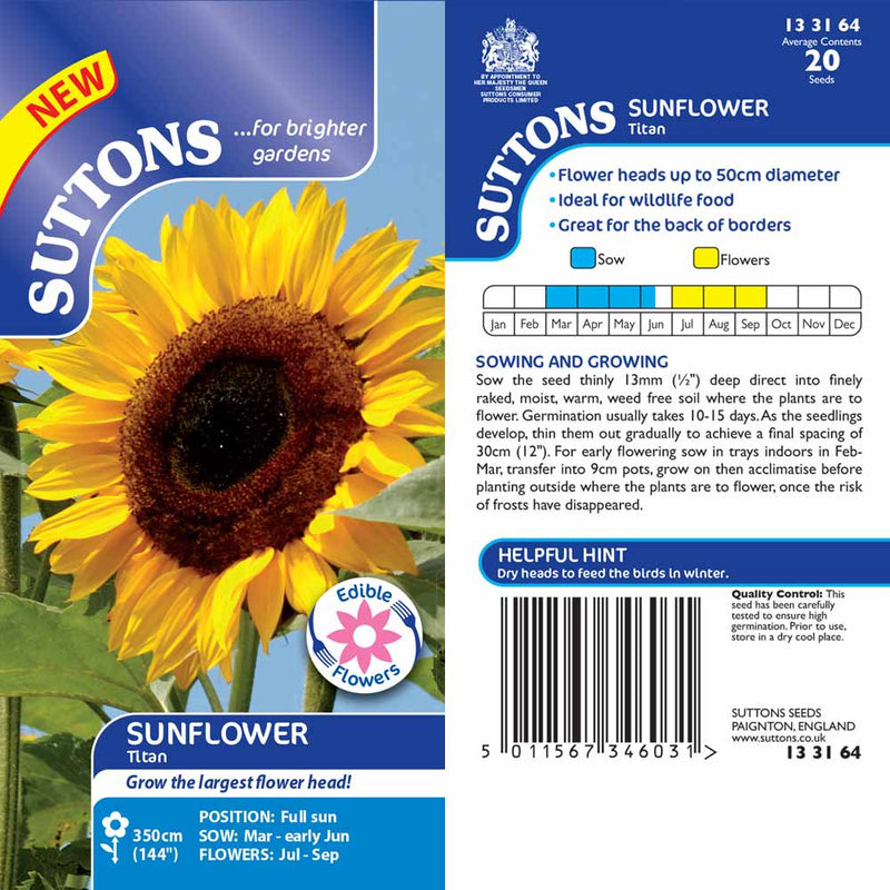Suttons Sunflower Titan - SEED VEG & FLOWER - Beattys of Loughrea