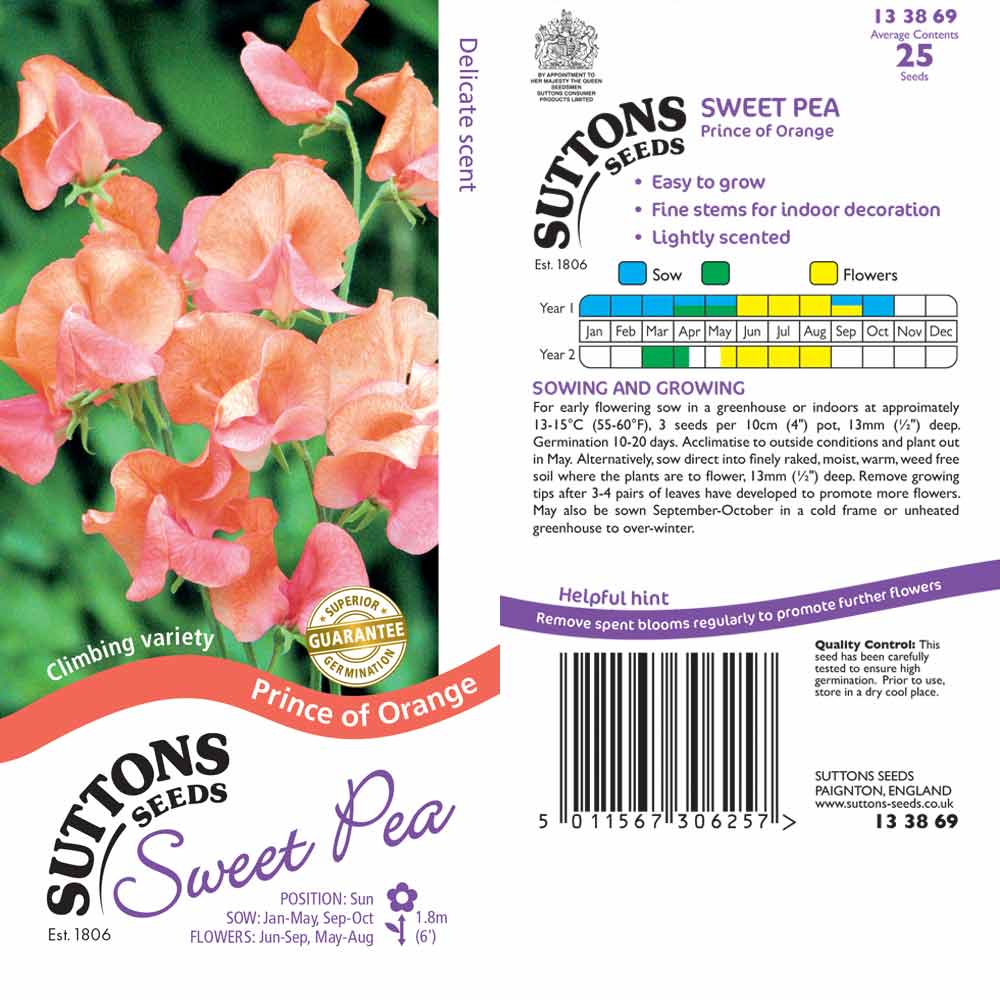 Suttons Sweet Pea Prince Of Orange G133869 - SEED VEG & FLOWER - Beattys of Loughrea