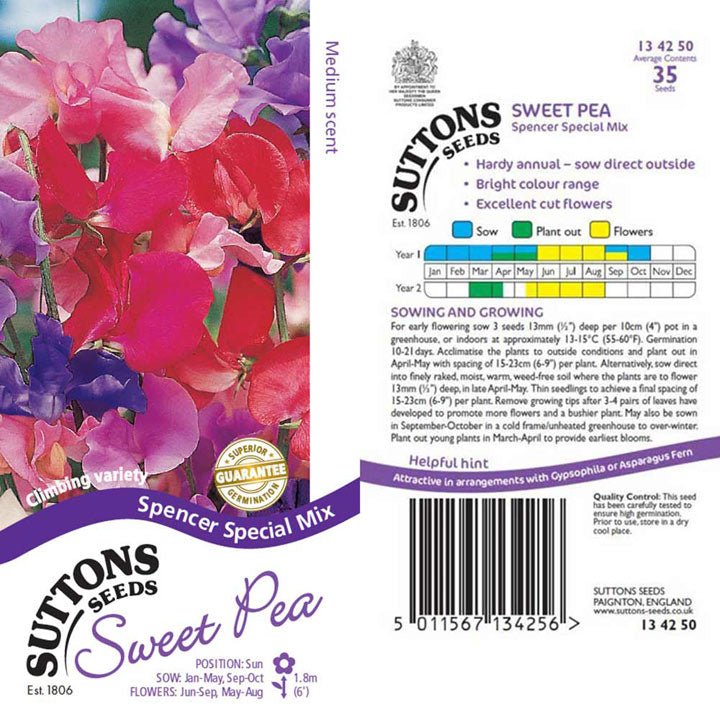 Suttons Sweet Pea Sm Spencer Vars 134250 - SEED VEG & FLOWER - Beattys of Loughrea