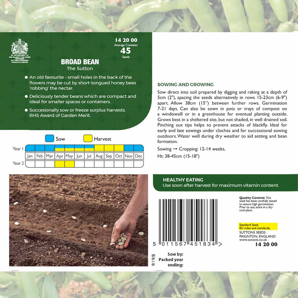 Suttons Broad Bean The Sutton Pp - SEED VEG & FLOWER - Beattys of Loughrea