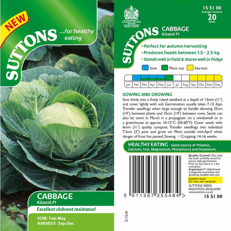 Suttons Cabbage Kilazol F1 Clubroot Resistant G155100 - SEED VEG & FLOWER - Beattys of Loughrea