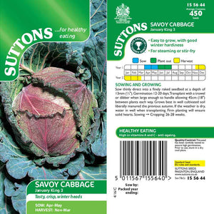 Suttons Cabbage Savoy January King3 155644 - SEED VEG & FLOWER - Beattys of Loughrea