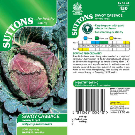 Suttons Cabbage Savoy January King3 155644 - SEED VEG & FLOWER - Beattys of Loughrea